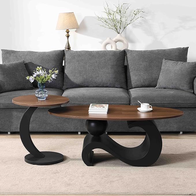 Modern Oval Coffee Table Set of 2, Wood Nesting Coffee Tables
