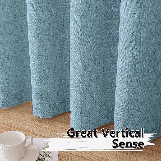 Tollpiz Short Linen Curtain Bedroom Rod Pocket Semi Sheer Curtains Burlap Light Filtering Thick Linen Drape for Living Room, 38 x 54 inches Long, Dusty Blue, Set of 2 Panels