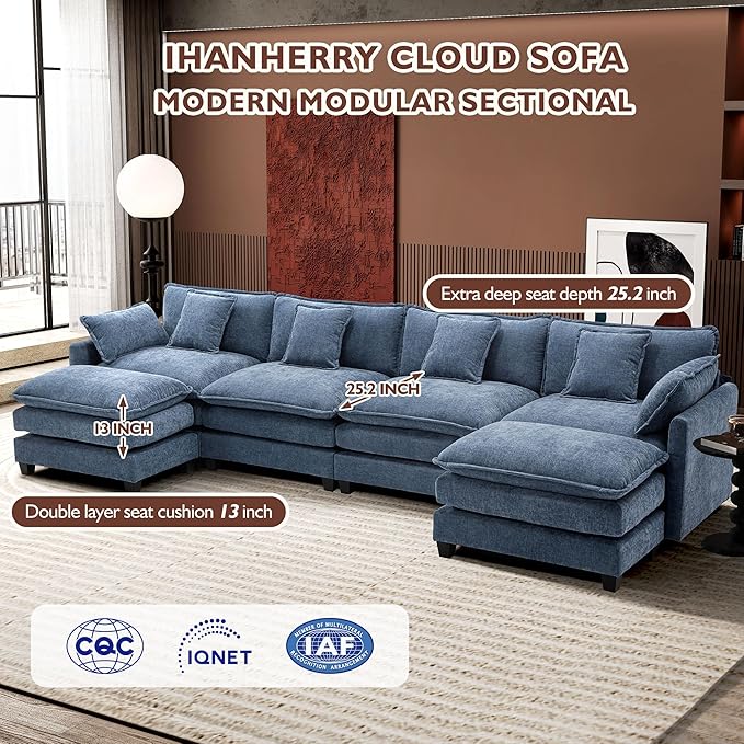 Ihanherry 146" U-Shaped Modern Sofa Modular Sectional Cloud Couch