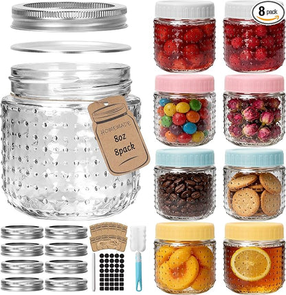 CycleMore 8oz - 8 Pack Mason Jars, Hobnail Design Canning Jars with Silver Metal & Colorful Plastic Lids, Glass Storage Jars for for Storing, Jam, Pickling, Crafts, Home Decor & DIY Gifts