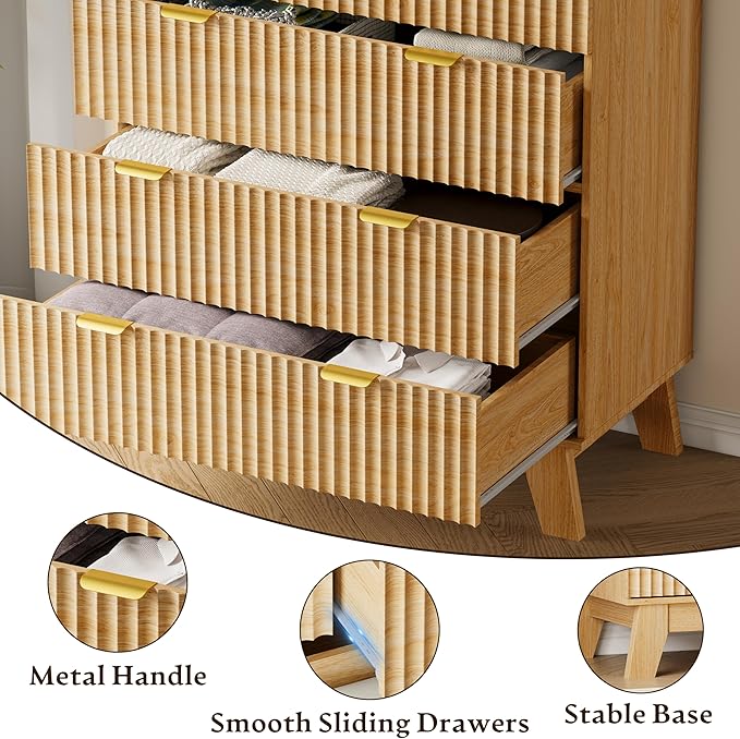 BORNOON 46" Tall Dresser for Bedroom, 6-Drawer Fluted Chest of Drawers