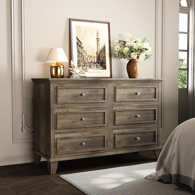 IDEALHOUSE 6 Drawer Dresser, Wooden Storage Chest of Drawers