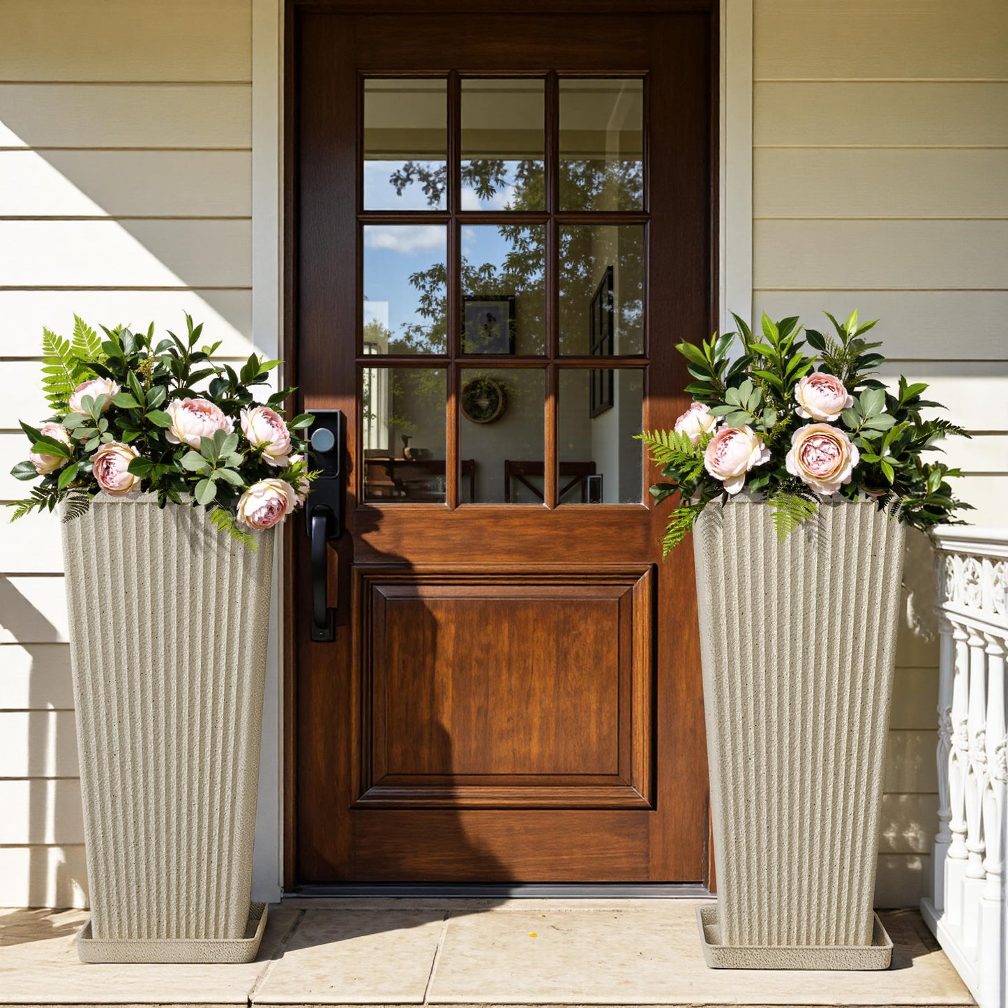 Diyfire Front Porch Planters Outdoor Set of 2, 24" Tall Plastic Planters for Outdoor Plants with Drainage, Extra Large Outdoor Planter Pots, Tapered Tall Planters for Front Door & Indoor Plants, Beige