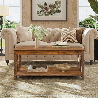 WLIVE Coffee Table, 43" Farmhouse Coffee Table with Storage Shelf & Sturdy V-Shaped Support, Wood Center Table for Living Room, Bedroom, Office and Balcony, Rustic Brown