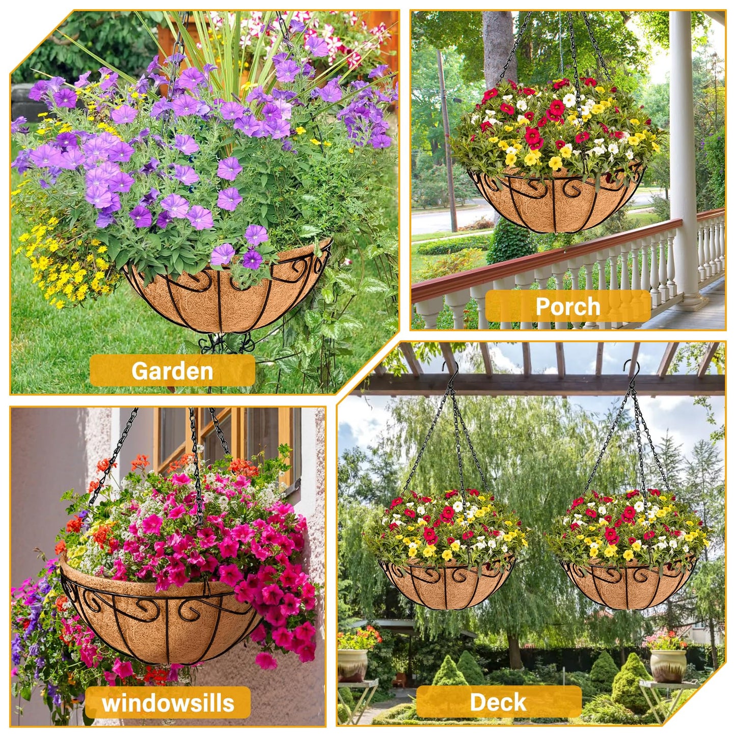 Legigo 6 Pack 12 Inch Metal Hanging Baskets for Plants Outdoor- Round Wire Hanging Planters Basket with Coconut Coir Liner, Hanging Flower Pot for Outdoor Plants Flowers Garden Decorations