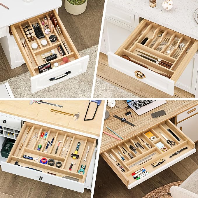 Clikuutory Natural Birch Wood Utensil Drawer Insert Organizer with 10 Compartments, Space-Saving Sturdy Drop-In Cutlery Divider Tray, Kitchen Cabinet Storage for Silverware, Spoons, Forks and Knives