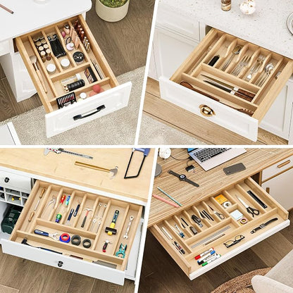 Clikuutory Natural Birch Wood Utensil Drawer Insert Organizer with 9 Compartments, Space-Saving Sturdy Drop-In Cutlery Divider Tray, Kitchen Cabinet Storage for Silverware, Spoons, Forks and Knives