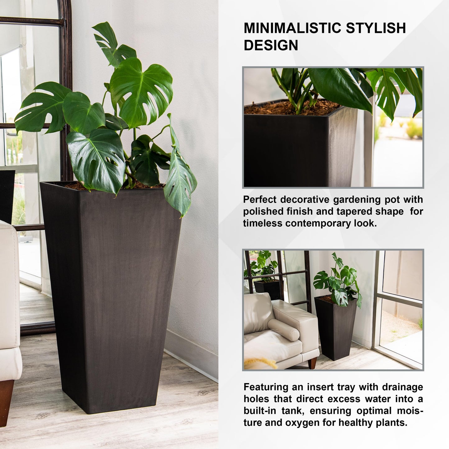 XBrand Modern 28-Inch Square Planter, Modern Tapered Black Perfect for Indoor & Outdoor, Patio Décor, Black