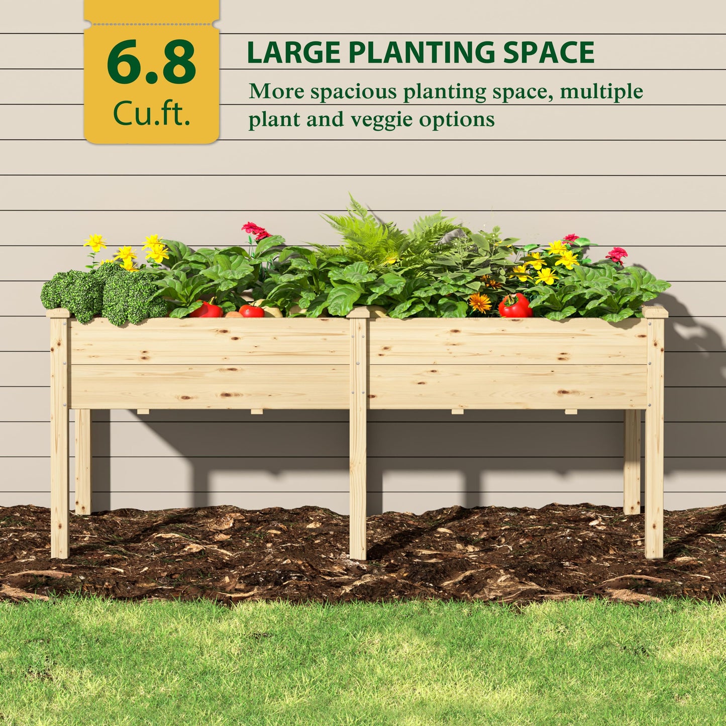 Yardenaler 72x23x30in Raised Garden Bed with Legs, 2x6FT Outdoor Elevated Wood Planted Box with Divider Panel & Drainage Hole for Vegetable Flower, Backyard and Patio, Natural