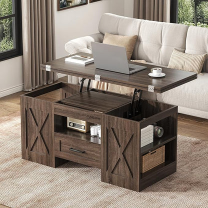 kepptory 39.4'' Lift Top Coffee Table with Storage, 4 in 1 Multi-Function Convertible Coffee Tables for Living Room, Farmhouse Coffee Table with Open Storage Compartment & Drawers (Walnut)