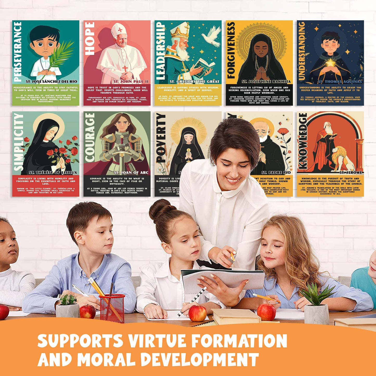Catholic Saints Posters for Kids - Set of 16 (11x14) Unframed Christian Classroom Decor - Bible Virtues Quotes from Saints - Sunday School & Faith Bulletin Board Decorations