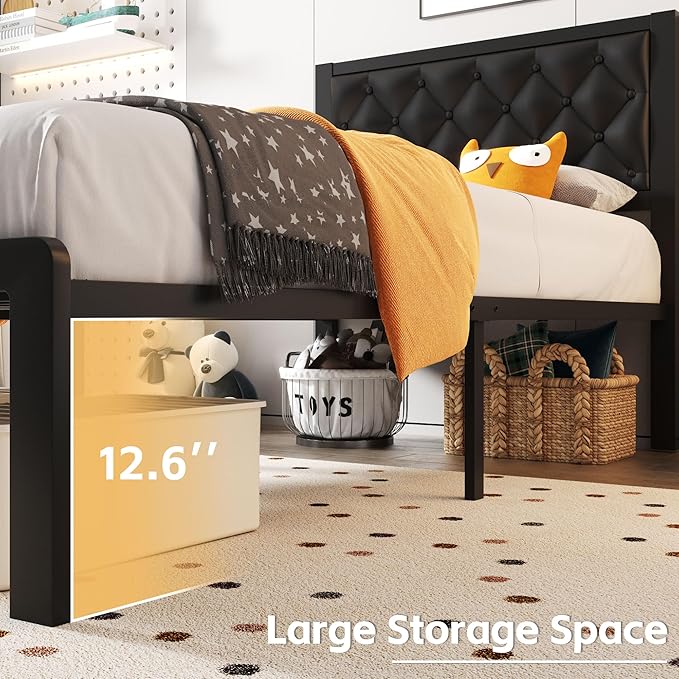 Fluest Twin Bed Frame with Headboard PU Leather Upholstered Bed Frame Platform