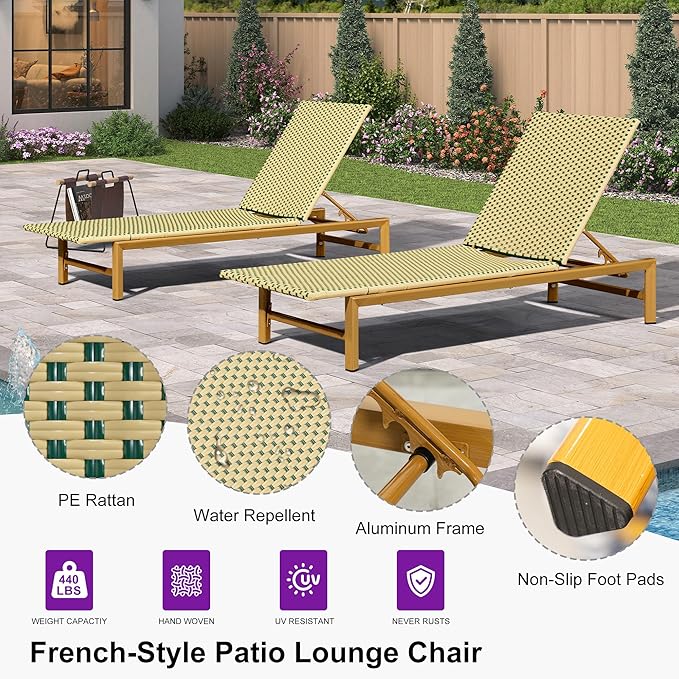 PURPLE LEAF Patio Chaise Lounge French Outdoor Lounger 1 Piece Wood-Grain