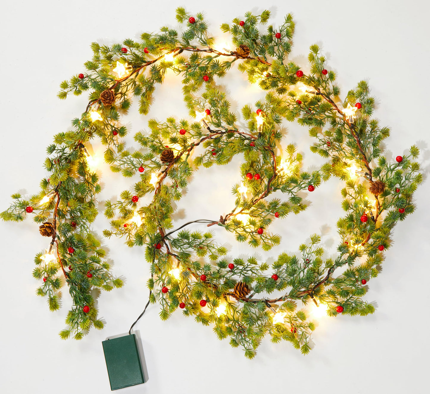 Brightown Christmas Garland with Lights, Battery Operated, 6 Ft 20 LED Lighted Pine Leaves Garland Decorated with Pine Cones, Berry, Indoor & Outdoor Christmas Lights for Mantle Stairs Wall, 2 Pack