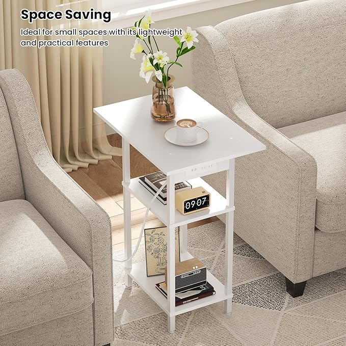 Asgolion Tall Side Table with Charging Station, Skinny End Table Nightstand