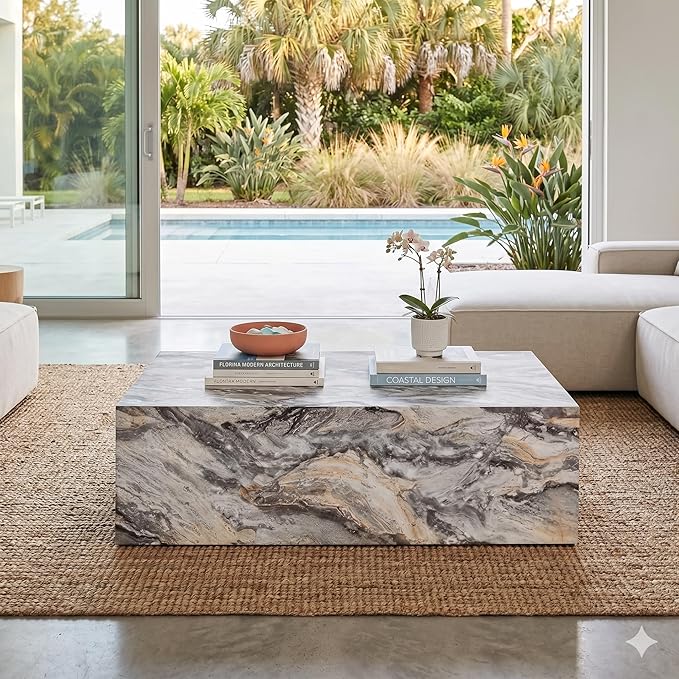 Coffee Table, Modern Faux Marble Living Room Table in Grey