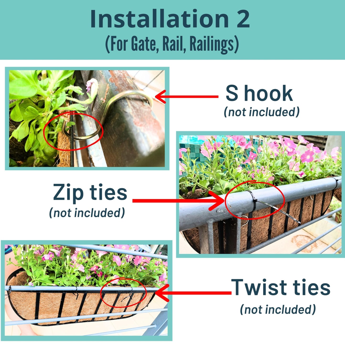 LaLaGreen Fence Planters for Outdoor Plants (24 Inch, 4 Pack) Black Metal Window Boxes Planter To Attach To House, Wall Mounted Flower Coco Baskets Outside Deck Railing Balcony Garden Porch Patio Rail