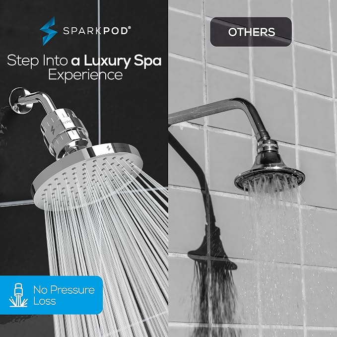 SparkPod 23-Stage Filtered Shower Head, 8" Round, Polished Chrome | Filtered Shower Head for Hard Water Filter, High Pressure, Reduces Chlorine, Heavy Metals, For Dry Skin & Hair