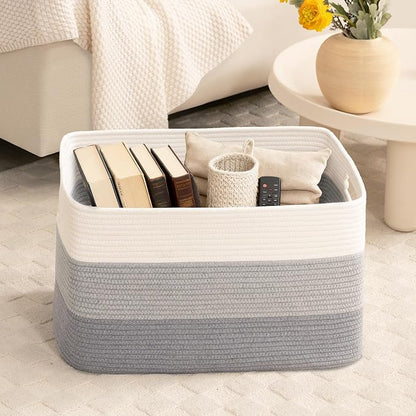 86L Extra Large Laundry Basket with Leather Handles for Living Room Storage, Woven Rope Baskets for Blanket, Kids Toy, Gifts, Wicker Hamper for Bedroom Dirty Clothes, 24"x16"x14" Gradient Grey