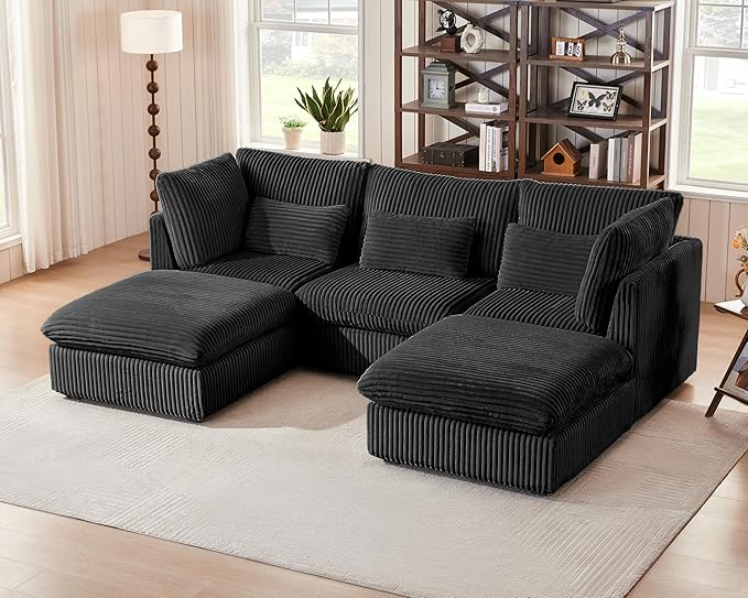 115" Oversized Corduroy Couch Modular Sectional Sofa, Washable Cloud Couch