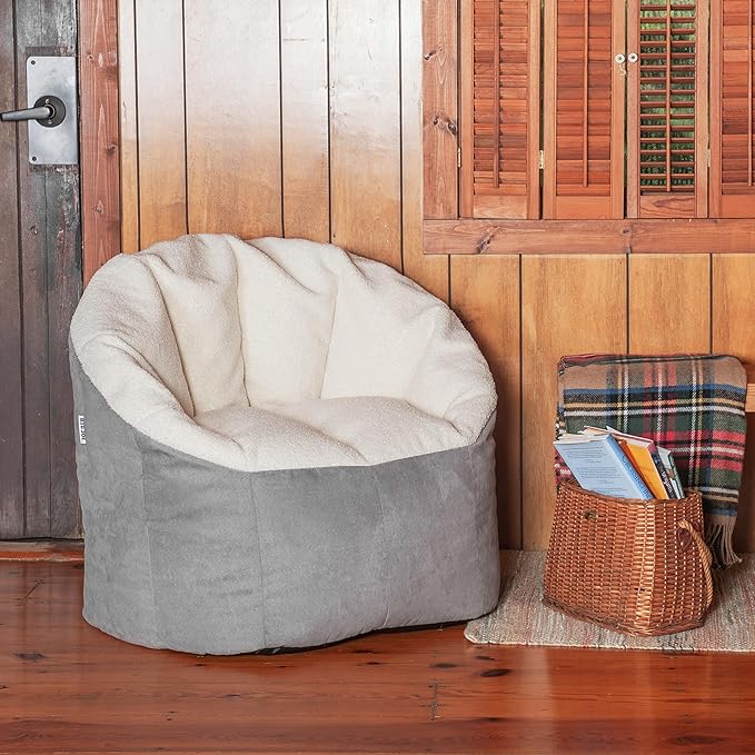 Big Joe Milano Bean Bag Chair, Oat Sherpa and Graphite Vegan Suede, Soft