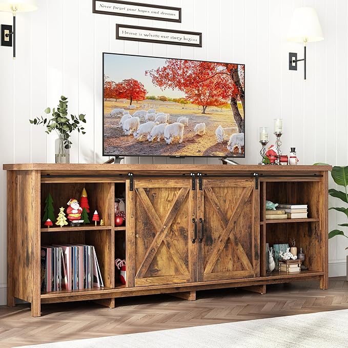 70" Farmhouse TV Stands for 70 75 80inch TV w/Adjustable Shelves, Sliding Barn