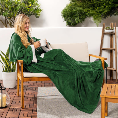 PAVILIA Wearable Blanket with Sleeves & Pocket for Women & Men, Soft Fleece Snuggle Throw with Sherpa Trim, Cozy TV Couch Robe, Gift Ideas for Mom & Wife, Dark Green