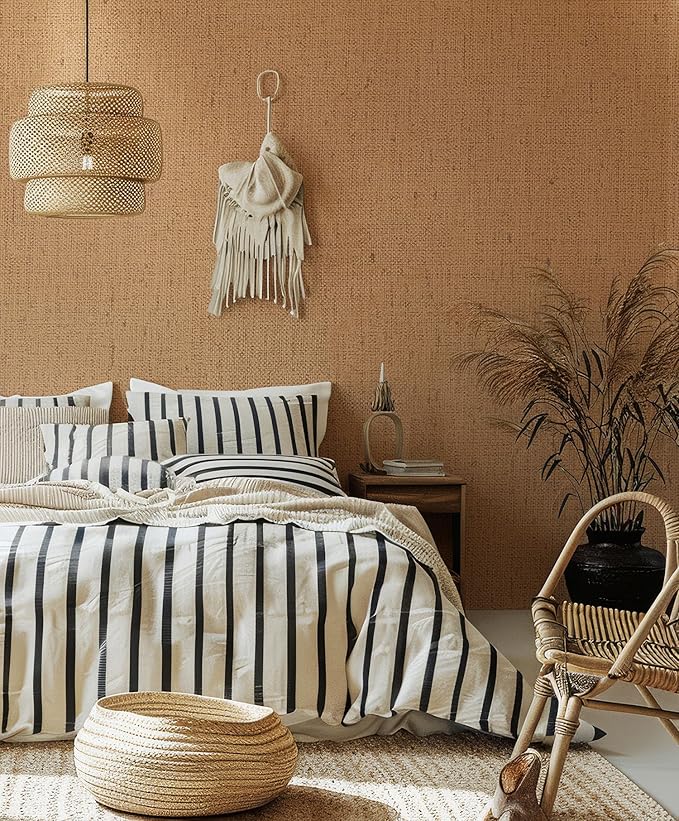 Brown Grasscloth Wallpaper Peel and Stick 393.7" Textured Brown Contact Paper