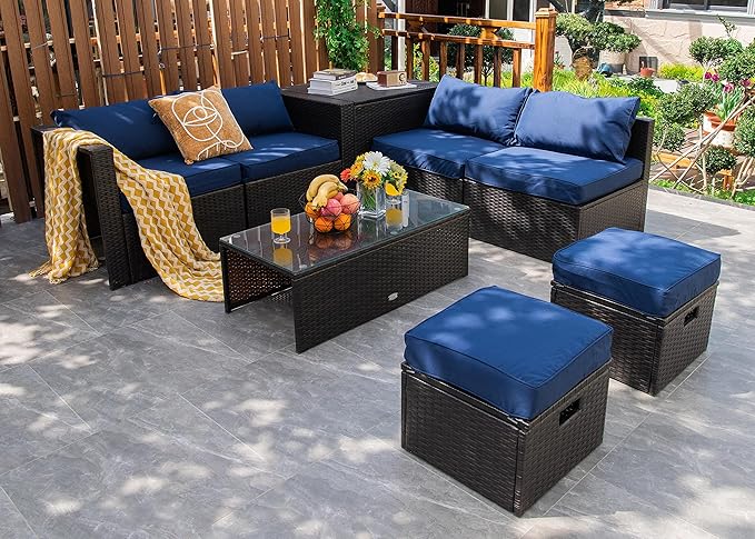 Tangkula 8 Piece Patio Furniture Set, Patiojoy Outdoor Space Saving PE Rattan