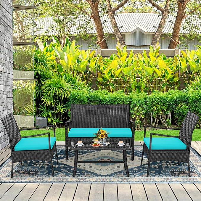 Tangkula 4 Pieces Rattan Conversation Set, Patio Sofa Couch Set