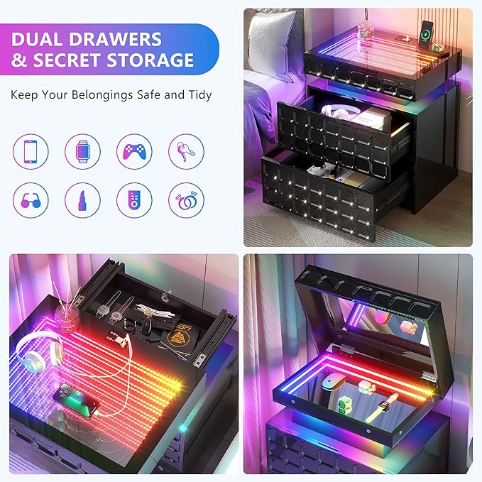 Night Stand with Charging Station and Smart RGB Lights, LED Nightstand with