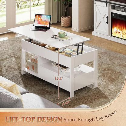 WLIVE Coffee Table, 39" Lift Top Coffee Table with Hidden Compartment, Storage Drawers and Storage Shelf for Living Room, Reception Room, White