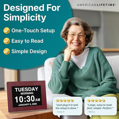 American Lifetime New 2026 Dementia Clock Large Digital Clock for Seniors, Alzeimer Clock Large Display with Custom Alarms, Clock with Day & Date for Elderly, Digital Calendar Mahogany, 15 Inch