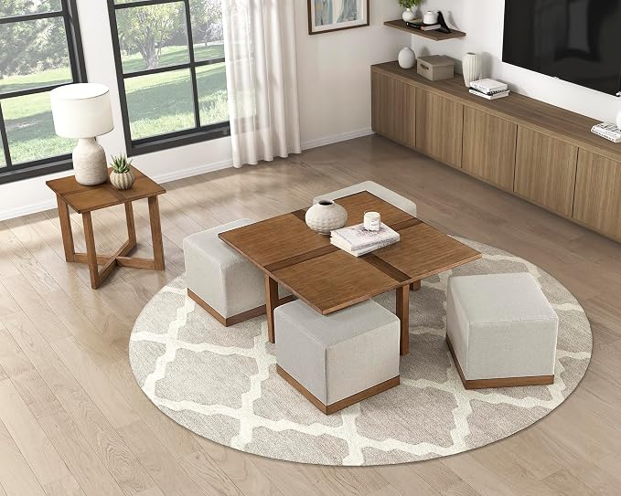 Lexicon 44" Square Coffee Table with 4 Upholstered Stools, Maple Veneer Wood Cocktail Table, Gray Upholstered Stools with Casters, Modern Living Room/Apartment Centerpiece, Full Assembled, Brown