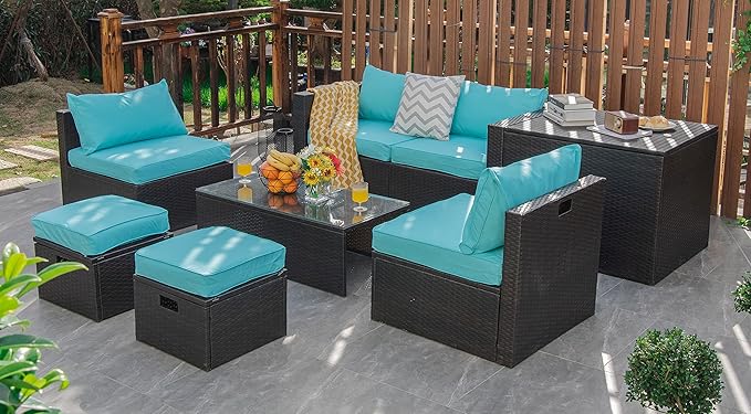 Tangkula 8 Piece Patio Furniture Set, Patiojoy Outdoor Space Saving PE Rattan