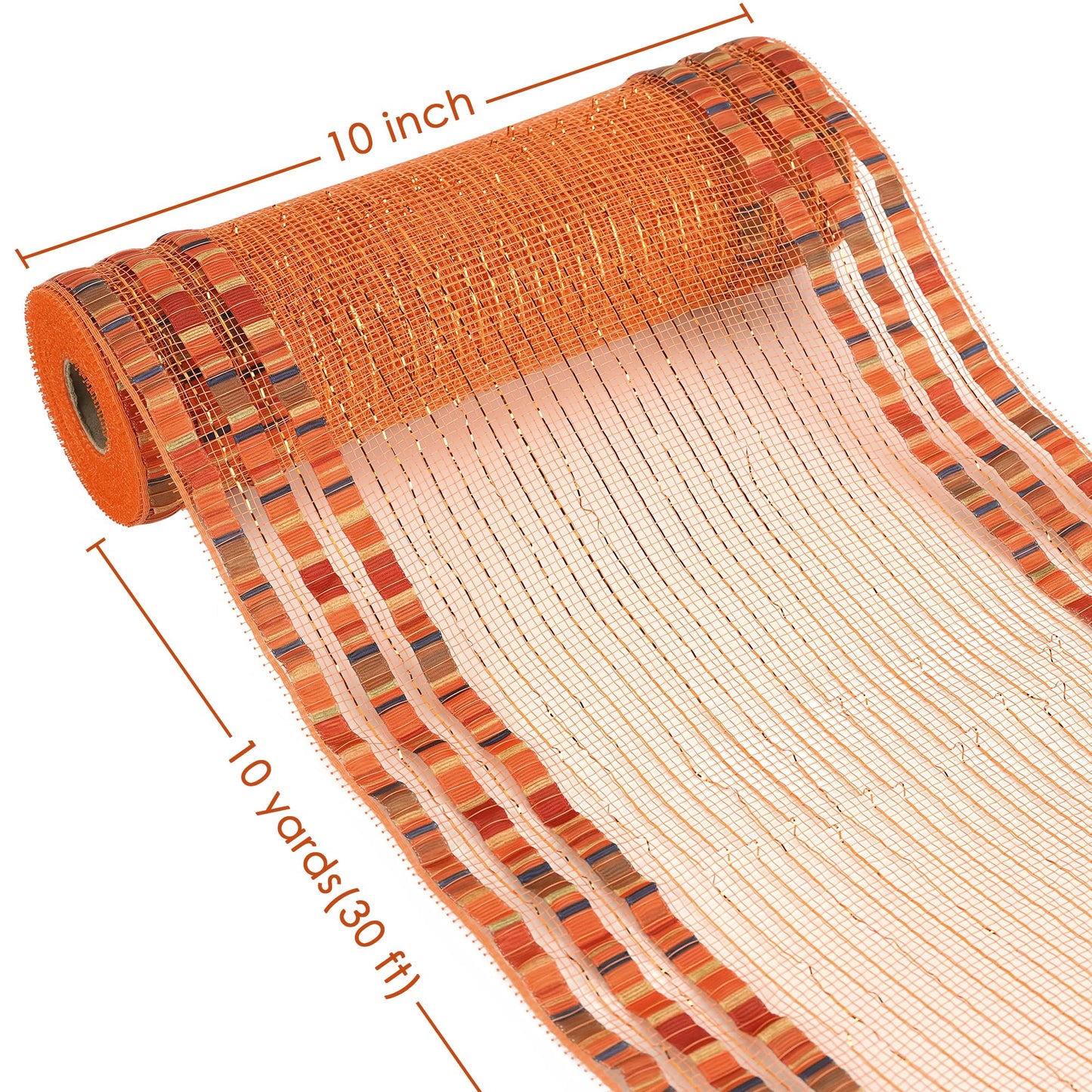 HUIHUANG Fall Deco Mesh 10 inch Wide Metallic Orange Mesh Ribbon Roll with Fall Print Decorative Poly Mesh for Fall Wreath Supplies, Swags, Garland, Thanksgiving Decor, Tree Decor-10 Yards