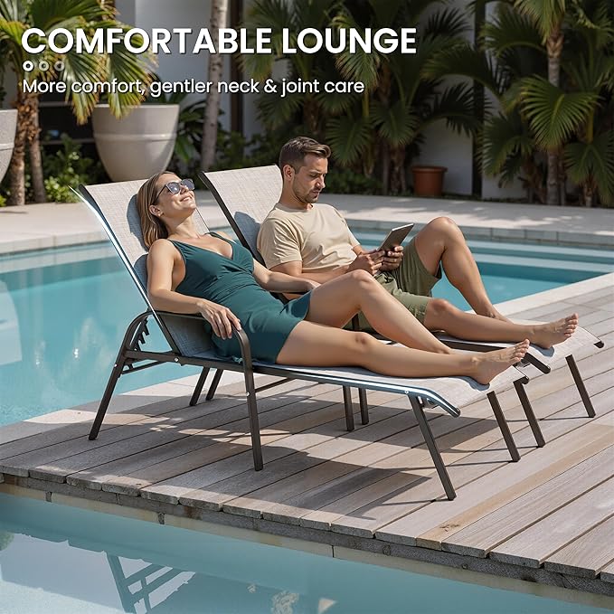 Crestlive Products Outdoor Chaise Lounge Chair, 5-Position Pool Lounge Chairs