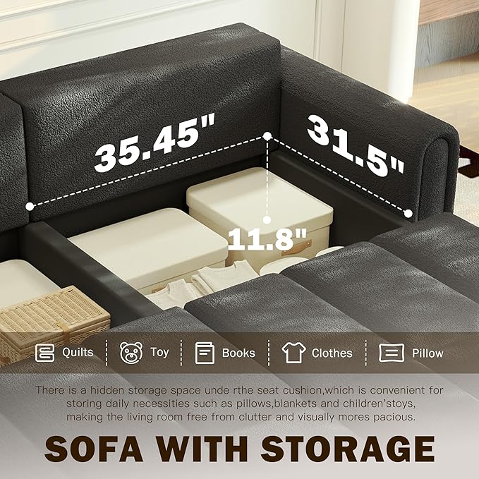KEIKI 90.2" Modern 3-in-1 Sleeper Sofa Bed – Teddy Fabric 4-Seater Couch