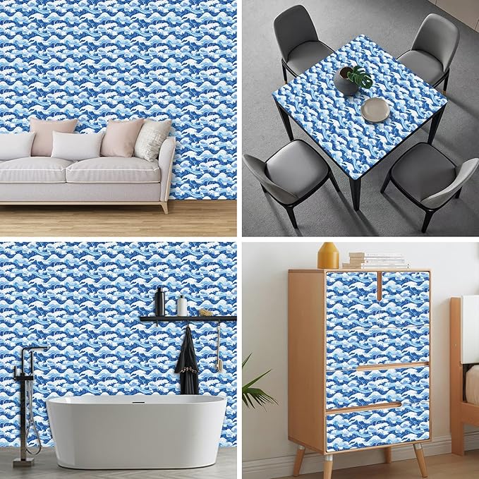 HOMETITUTE Ocean Blue Wave Pattern Wallpaper Peel and Stick Self Adhesive Vinyl