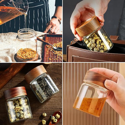12 oz/350 ml Clear Glass Storage Canister with Airtight Wooden Lid, Small Overnight Oats Containers, Cute Decorative Salad Jar for Snacks Yogurt Spice Sugar Cereal Fruit Coffee Tea