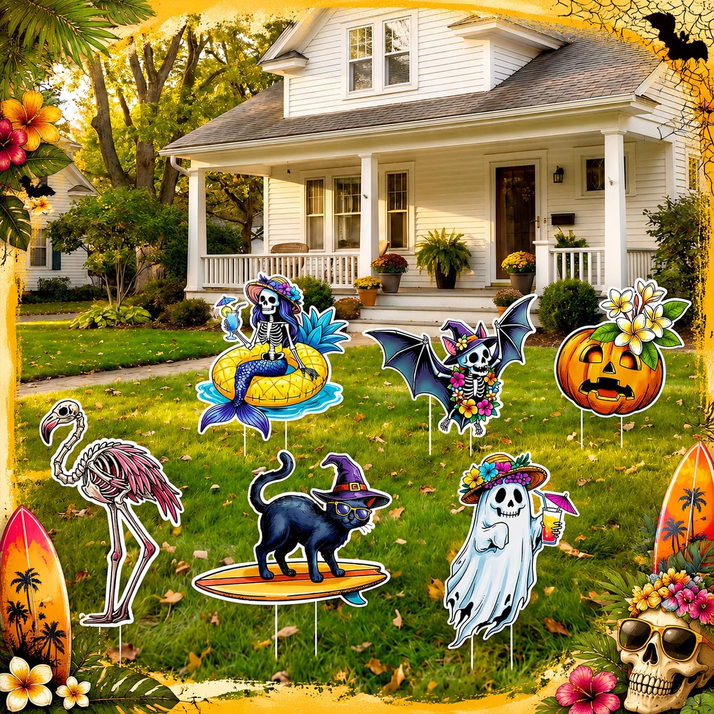 Mifoci 8 Pcs Summer Halloween Decorations Large Summer Halloween Yard Signs Waterproof Tropical Spooky Garden Stakes for Outdoor Lawn Beach Themed Party Holiday Display