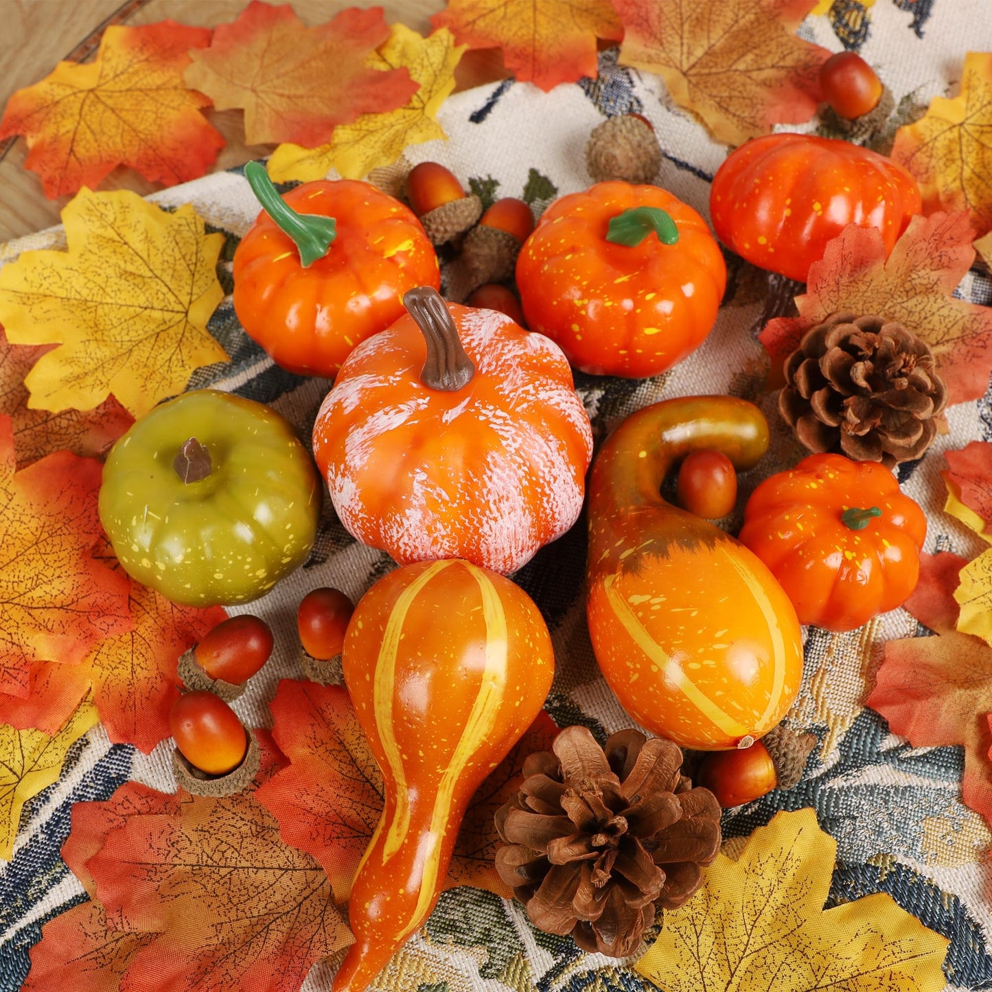winemana Fall Decorations for Home-6pcs Mini Pumpkins & 2pcs Gourds, 30pcs Leaves & 10pcs Acorns, 2pcs Pinecones Centerpiece Set-Harvest Decor for Table Mantel (Largest: 4.5" x 2.1")