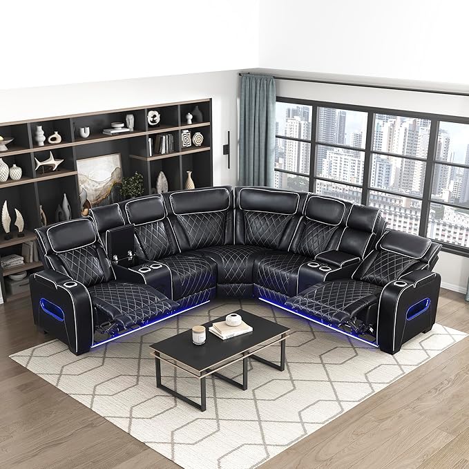 Lexicon 118" Power Reclining Sectional Sofa, Wall Hugger, 2 Recliner Seats