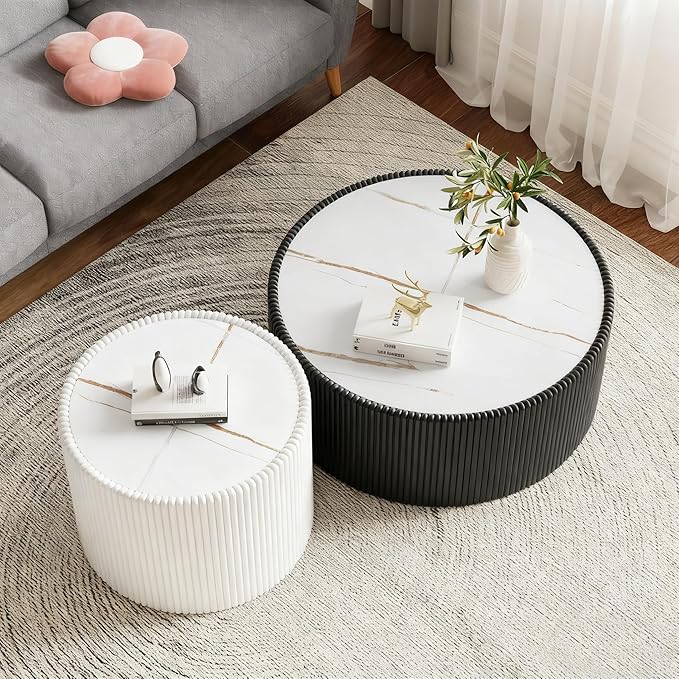 SSLine Round Drum Coffee Table Set of 2 Modern Sintered Stone Top Nesting