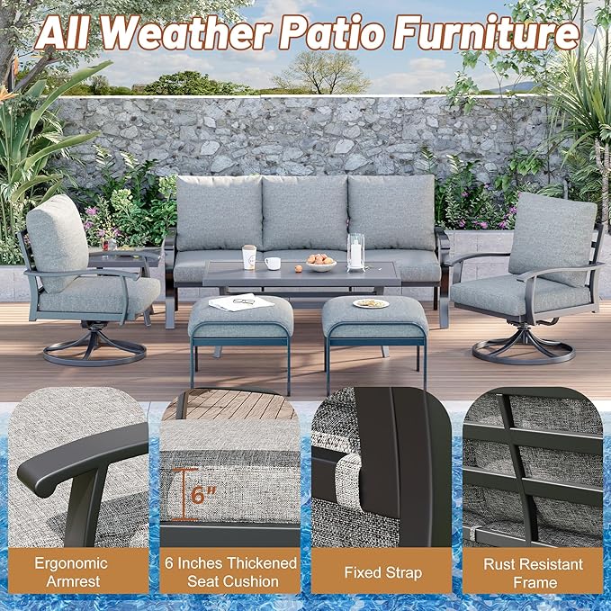 HOMREST Patio Furniture Sets 7 PCS Outdoor Metal Conversation Sets, 360 Degree