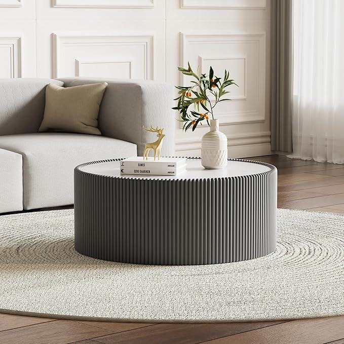 SSLine Round Drum Coffee Table Modern Sintered Stone Top Coffee Table in Grey