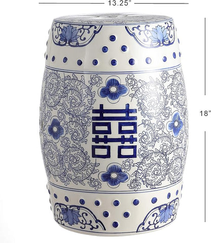 JONATHAN Y TBL1013A Double Happiness 18" Chinoiserie Ceramic Drum Indoor/Outdoor Garden Stool Bohemian, Coastal, Classic, Cottage, French Country, Traditional, Bathroom, Garden Room, Patio, Blue/White