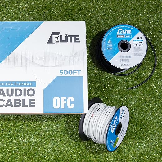 Elite 16/4 Speaker Wire 100ft, UL Listed, CMR/CL3R, (Riser/In-Wall & Outdoor/In-Ground (Direct Burial)- 100% Oxygen Free Pure Bare Copper (OFC), 16AWG/4-Conductor, 100ft Bulk Cable (65 strands), Black