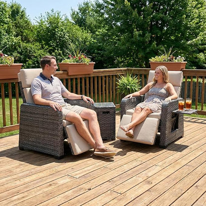 Restland Outdoor Recliner with Independent Adjustable Back & Footrest Wicker Patio Reclining Chair with Flip Table Comfortable Lounge Chair & Thick Cushion for Deck, Porch (3 Piece, Beige)