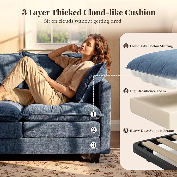 Loveseat Sofa with Ottoman, Cloud 3-Layer Cushion, Living Room, in a Box